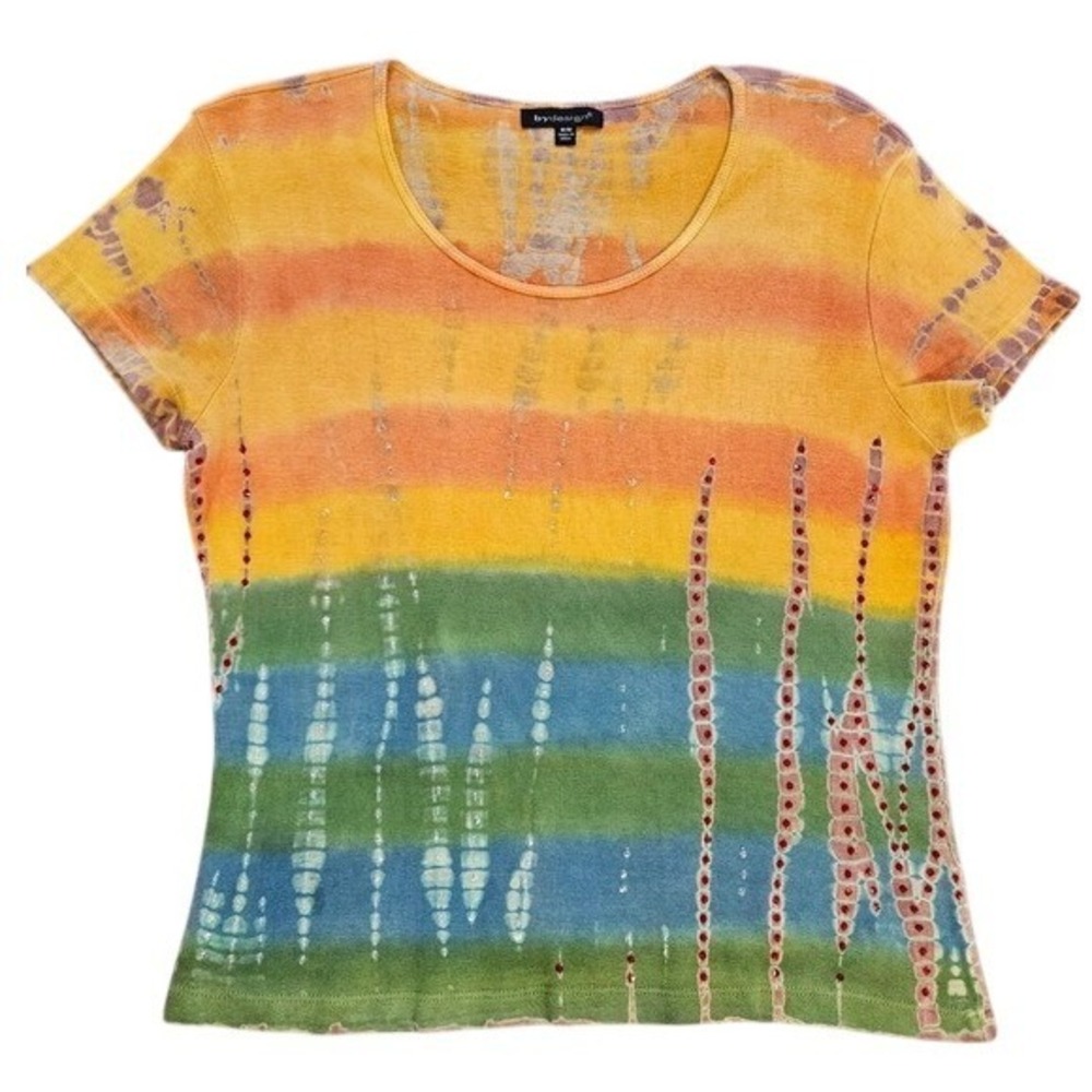 Bydesign Rainbow Tie Dye Stripe Sequins Cotton Scoop Neck Top Womens Medium